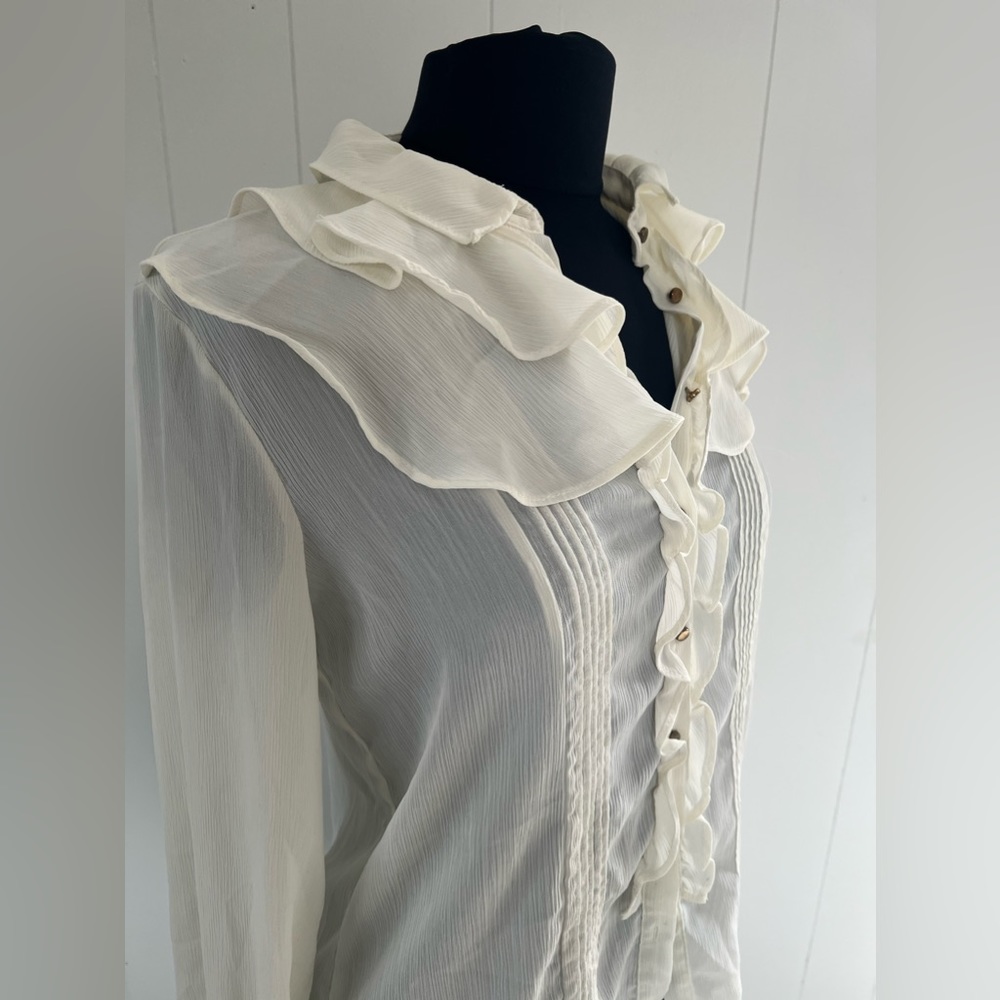 Zara Basic Sheer Ivory Ruffled Button Down Blouse… - image 5